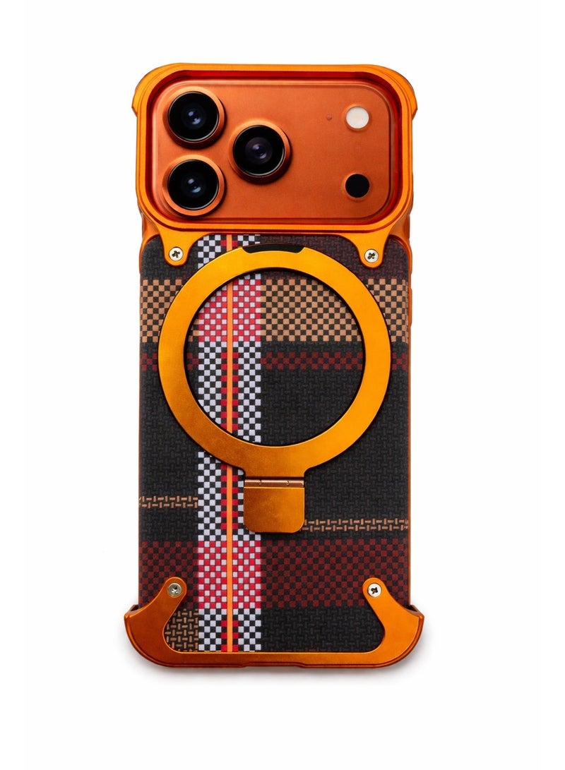 جراب مغناطيسي معدني لهاتف iPhone 17 Pro مع حامل - إطار معدني برتقالي فاخر مع ظهر محكم، غطاء نحيف مقاوم للصدمات، متوافق مع الشحن اللاسلكي ويدعم إشارة 5G بالكامل - Image 1